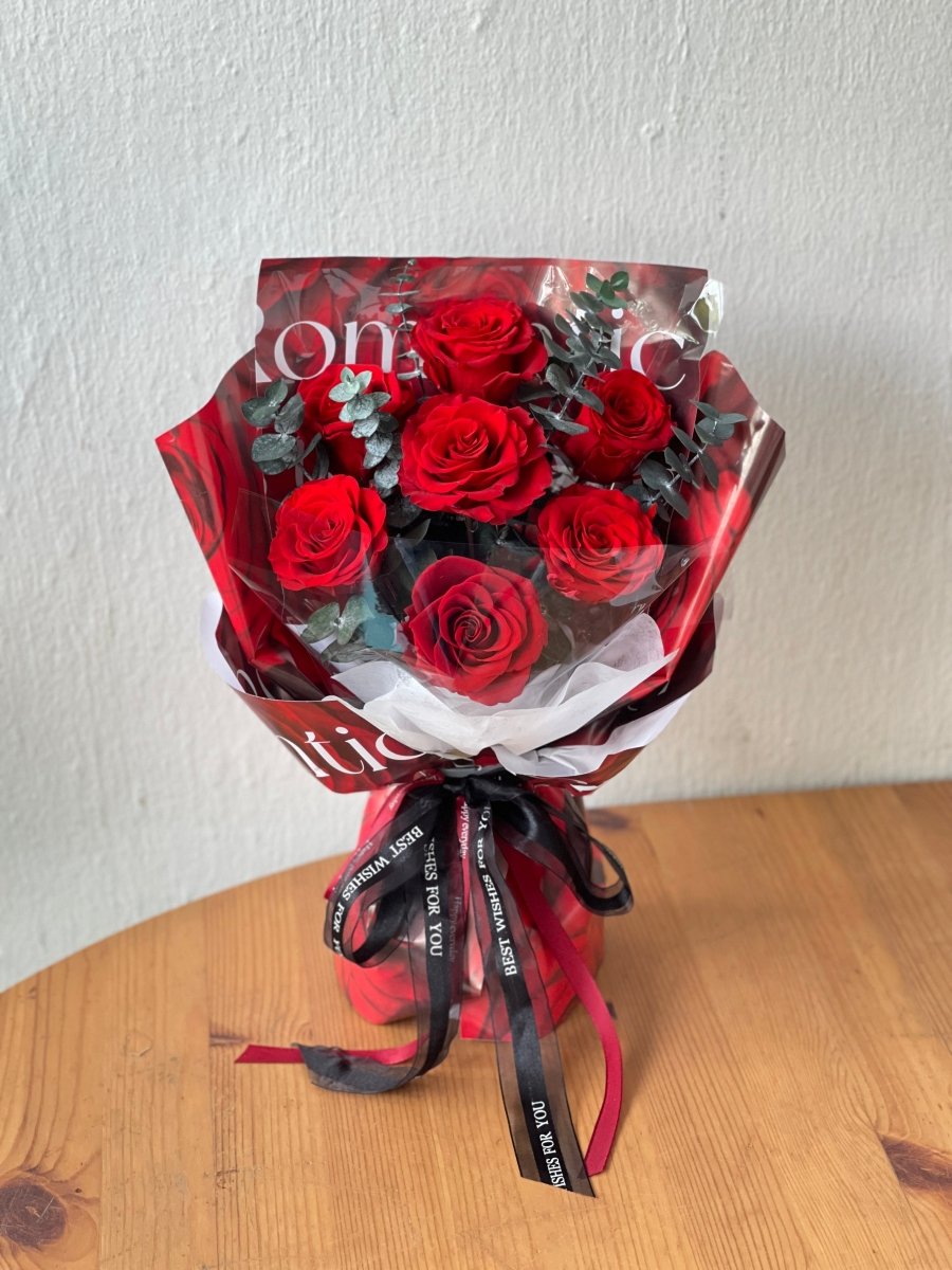 Romantic Red Rose with Eucalyptus - Preserved Rose Bouquet - Mothers Day Favourite! - Flowers - 7 Roses - Romantic Red - Preserved Flowers & Fresh Flower Florist Gift Store